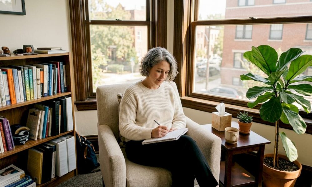 Therapist taking notes in a cozy office with bookshelves, a plant, and natural light, reflecting a supportive environment for trauma-focused therapy.