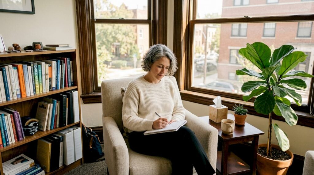 Therapist taking notes in comfortable office