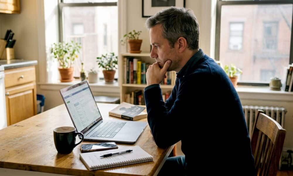 Man thinking at kitchen table with laptop