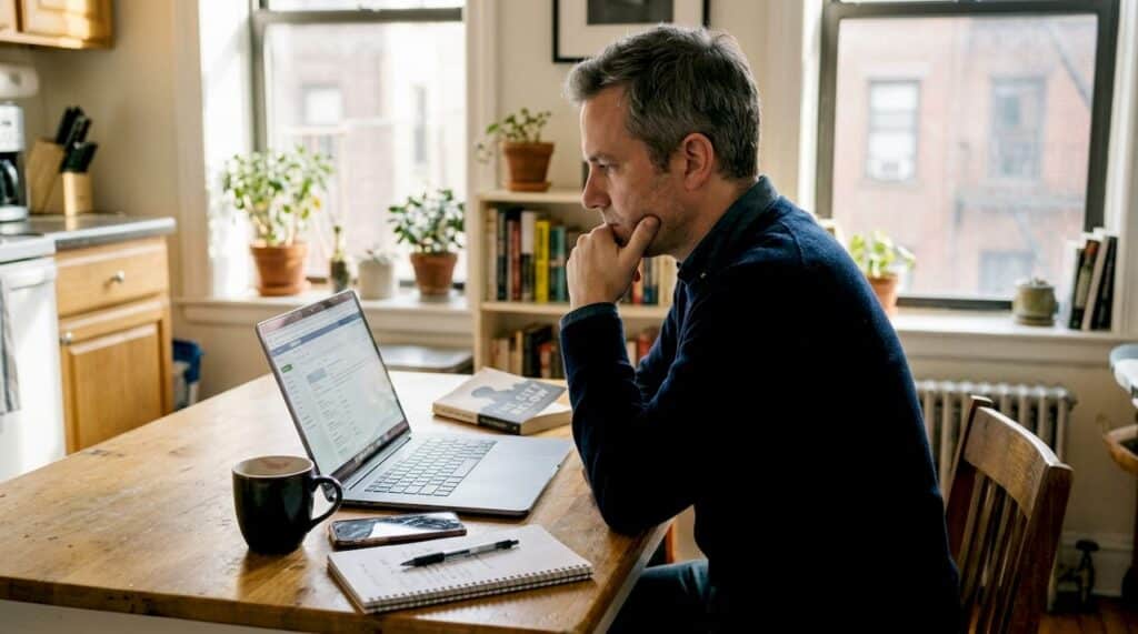 Man thinking at kitchen table with laptop