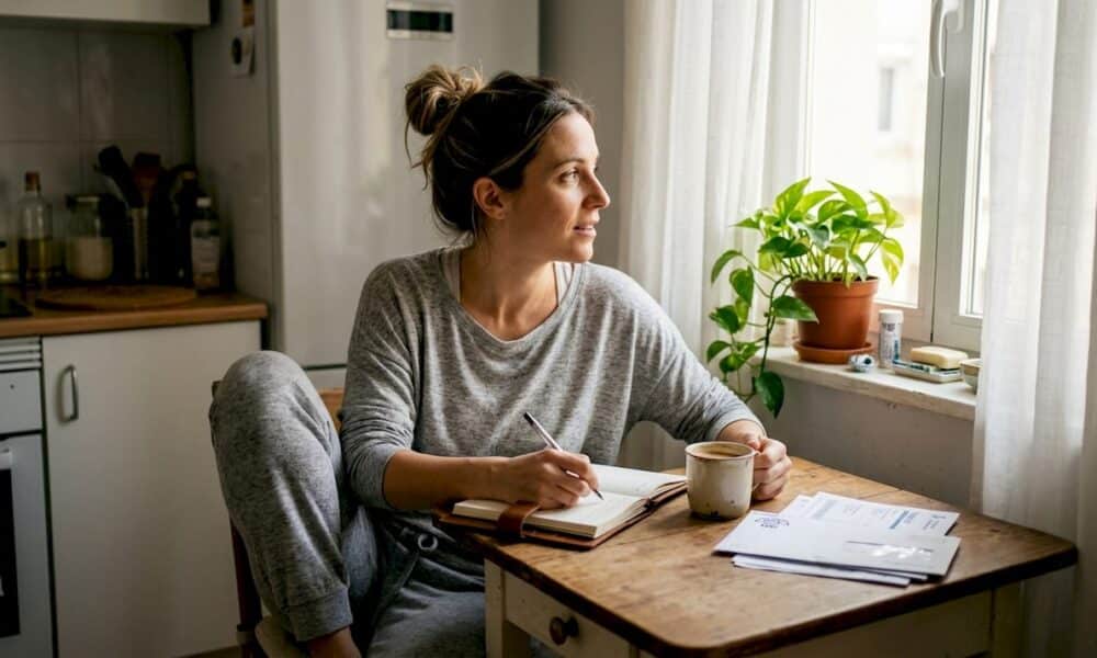 Mujer disfrutando de su rutina matutina mientras escribe en su diario acompañada de una taza de café