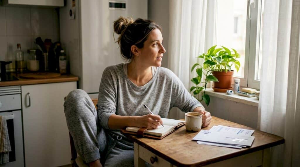 Mujer disfrutando de su rutina matutina mientras escribe en su diario acompañada de una taza de café