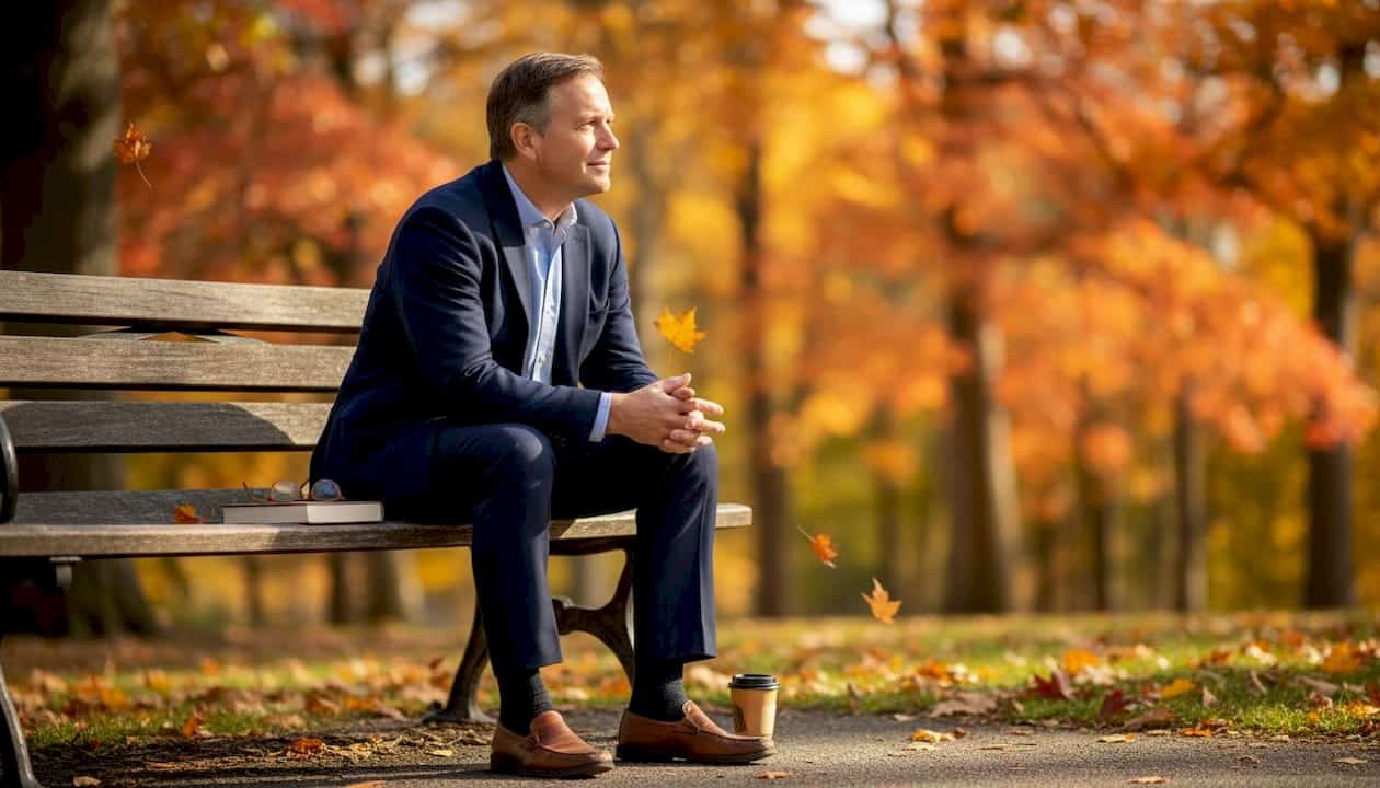 Man reflecting quietly on park bench in autumn