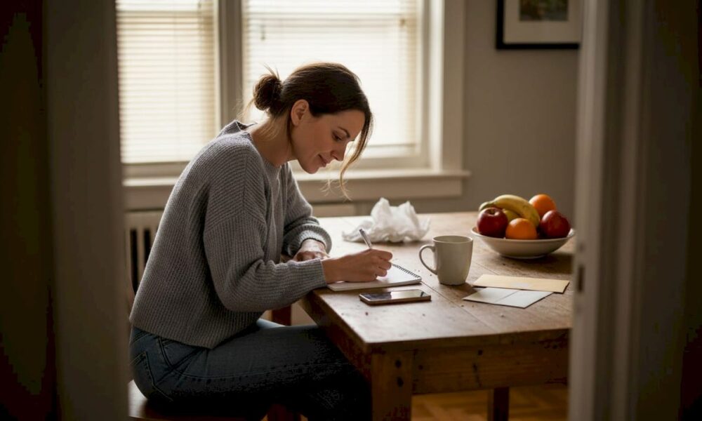 Woman writing in a notebook at a wooden table, surrounded by a bowl of fruit and a mug, reflecting emotional regulation and mindfulness practices.