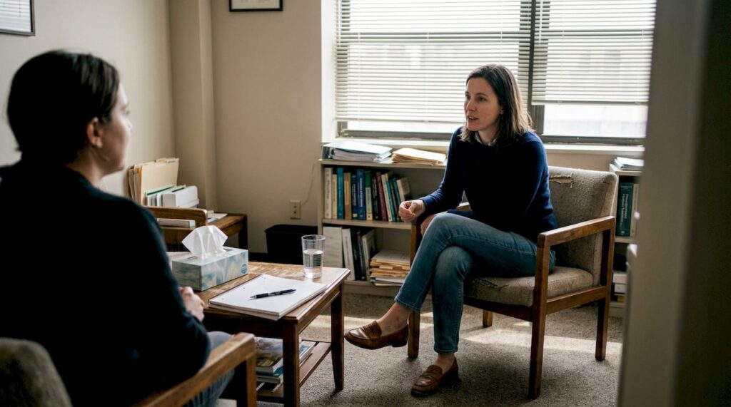 Psychotherapist and client in urban office meeting