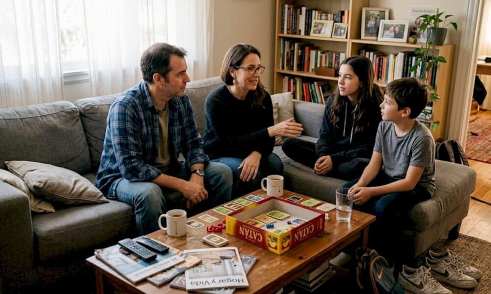 Una familia charlando animadamente en el sofá del salón