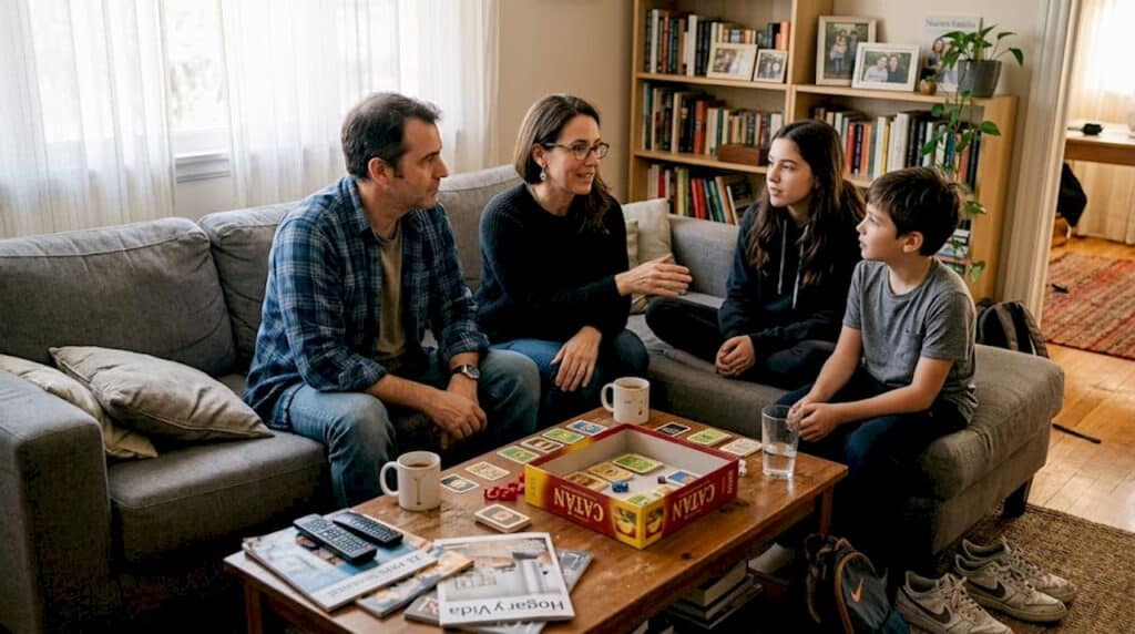 Una familia charlando animadamente en el sofá del salón