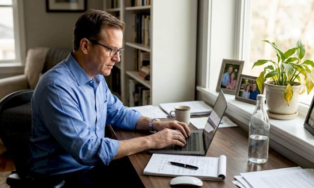 Middle-aged man working at a sunlit home office desk, typing on a laptop with a coffee cup and water bottle nearby, surrounded by family photos and notes, illustrating a productive and stress-managed work environment.