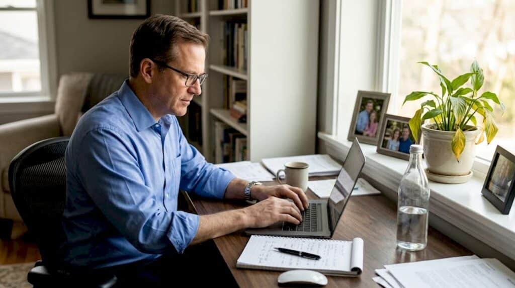 Middle-aged man working at sunlit home office desk