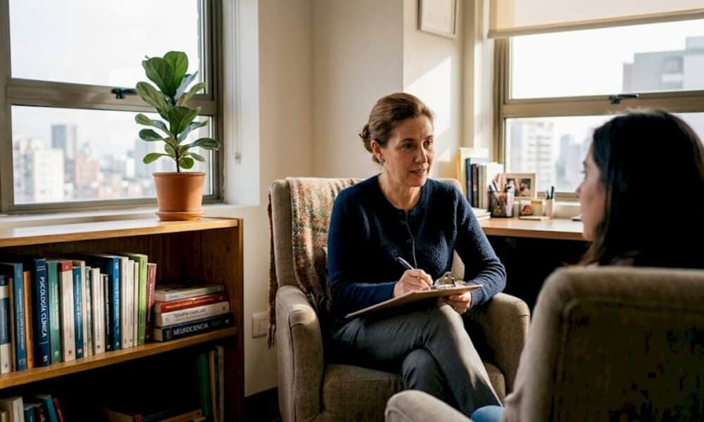 Psicóloga conversando con paciente en oficina tranquila, enfatizando la confidencialidad en psicoterapia, ambiente acogedor y profesional.