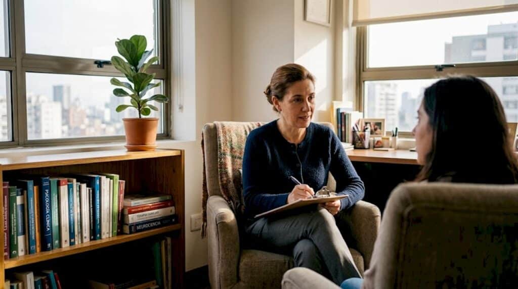 En un ambiente sereno, una psic&oacute;loga atiende a su paciente y mantienen una conversaci&oacute;n tranquila en su consultorio.