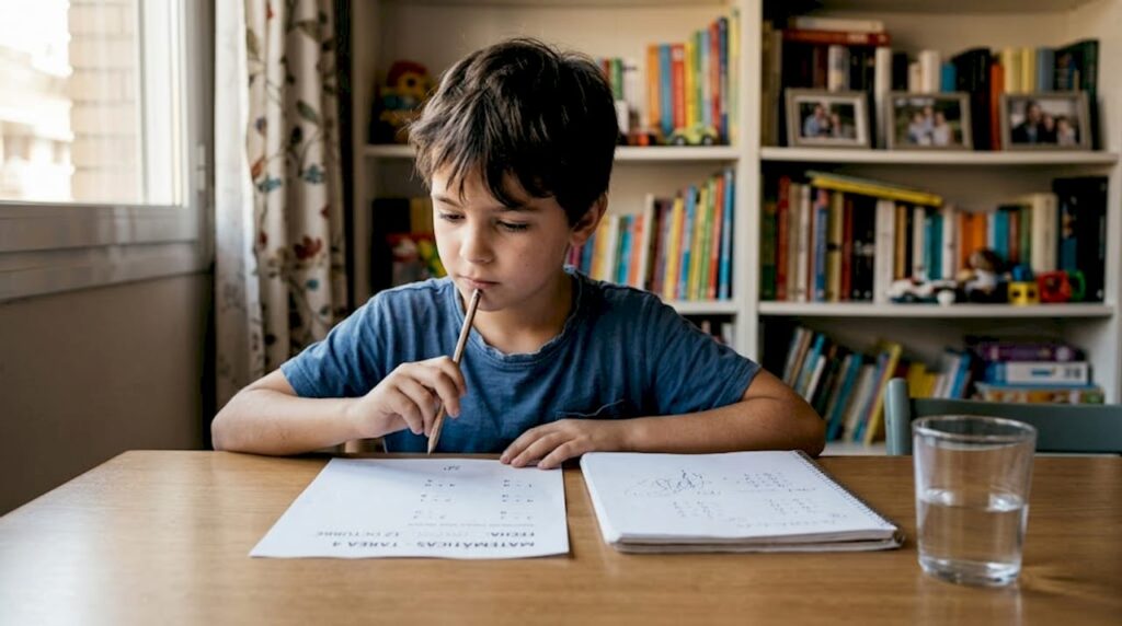 Un niño absorto en sus pensamientos, sentado a la mesa del comedor junto a su familia.