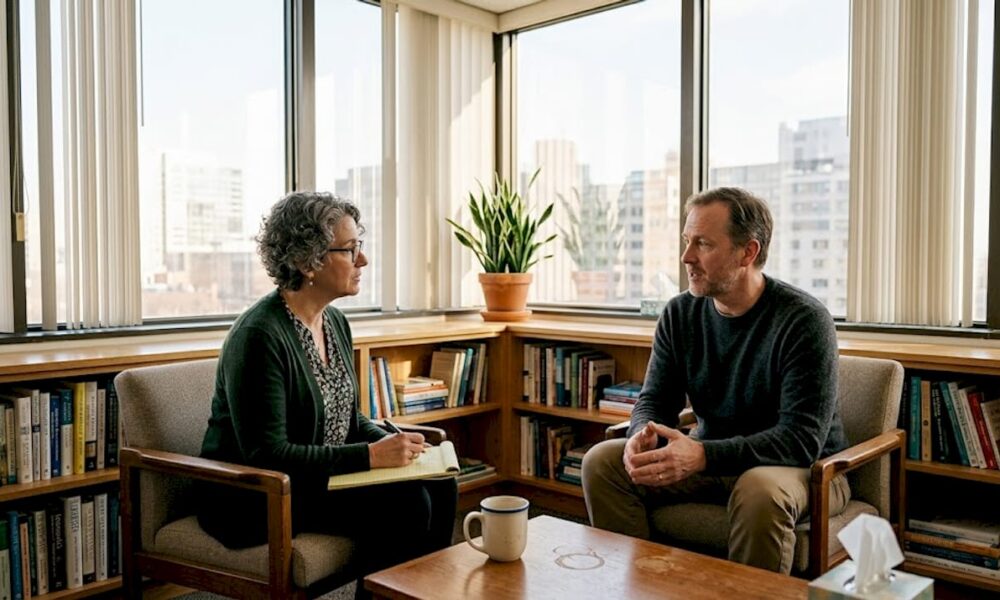 Therapist and client engaged in a psychotherapy session, discussing emotions and countertransference in a comfortable office setting with bookshelves and natural light.