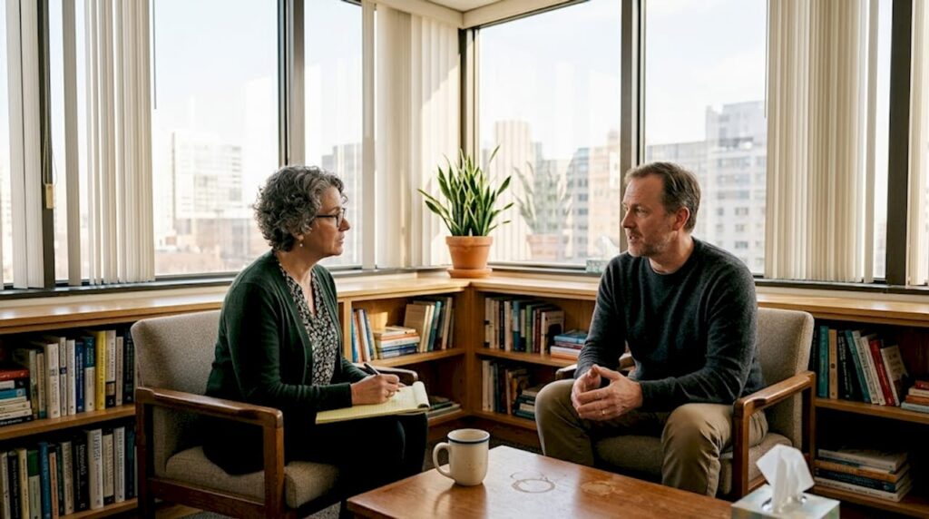 Therapist and client in realistic therapy session