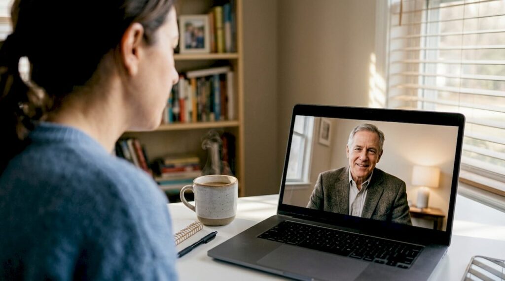 Woman in Bergen County at telehealth video session