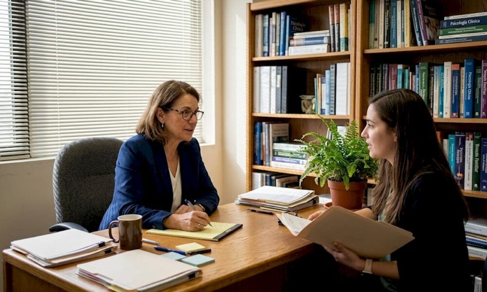 Supervisor cl&iacute;nico revisando un caso junto al terapeuta