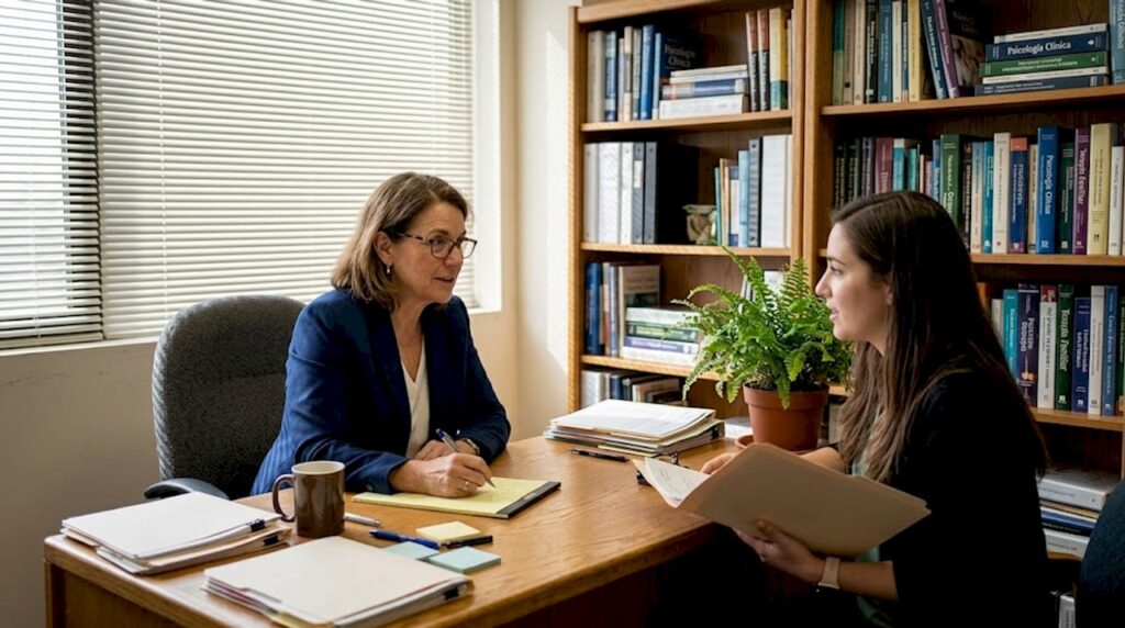 Supervisor clínico revisando un caso junto al terapeuta