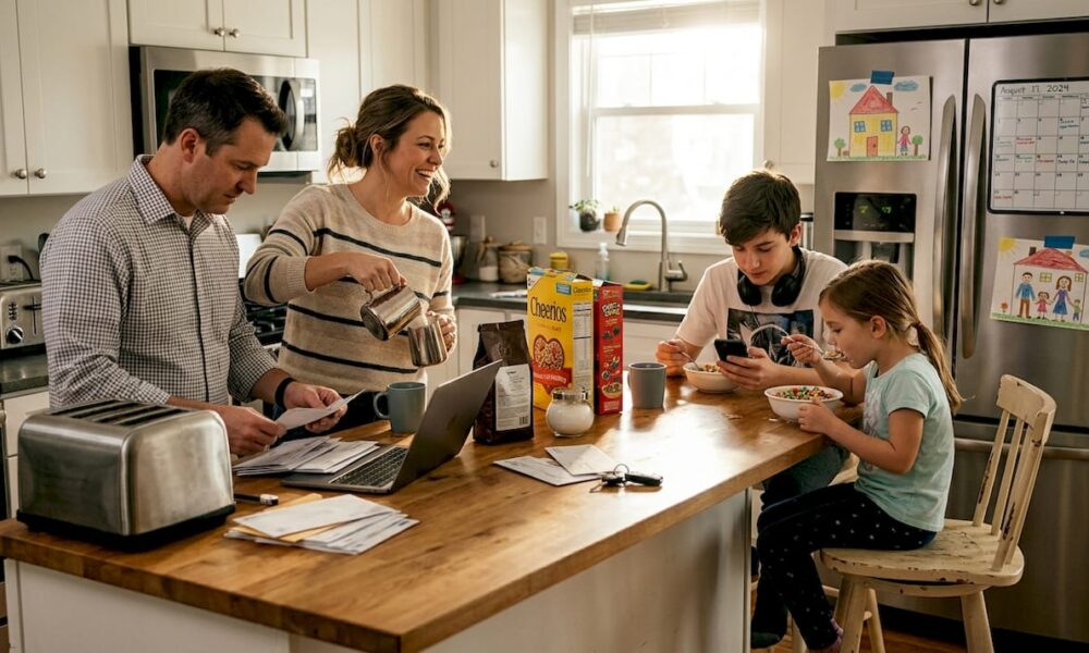 Family engaging in breakfast conversation in a kitchen, with parents discussing paperwork and children eating cereal, illustrating effective family communication and connection.