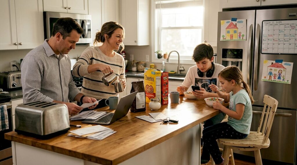 Family talking together in their kitchen