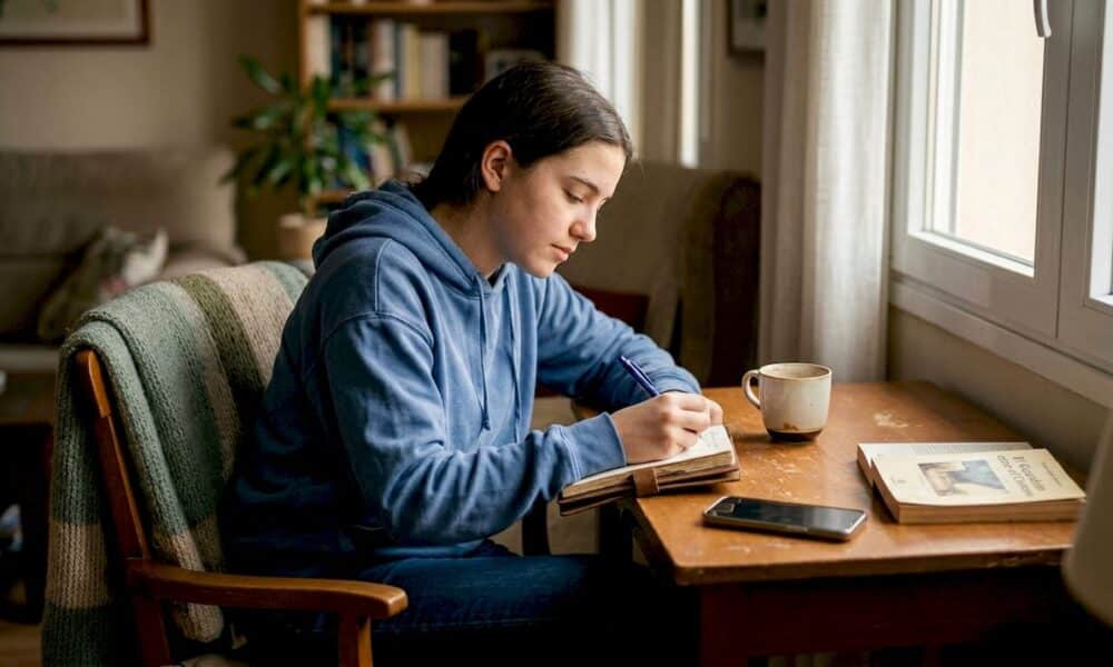 Adolescente escribiendo en un diario en una sala familiar, reflejando la importancia de la autoexpresi&oacute;n y el bienestar emocional en el contexto de la tristeza adolescente.