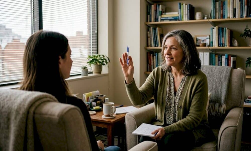 Therapist guiding client during EMDR session in a cozy office setting, emphasizing trauma recovery and psychotherapy.