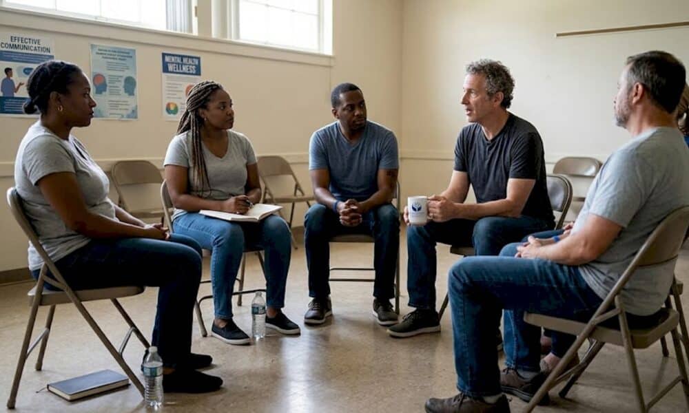 Adults in real group therapy discussion circle