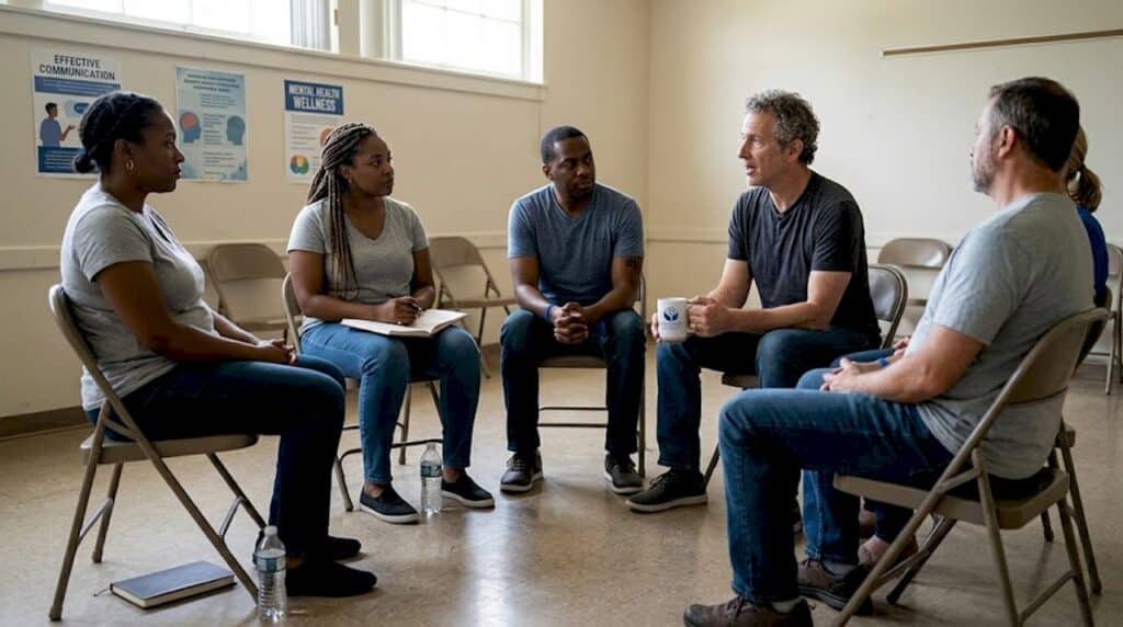 Adults in real group therapy discussion circle