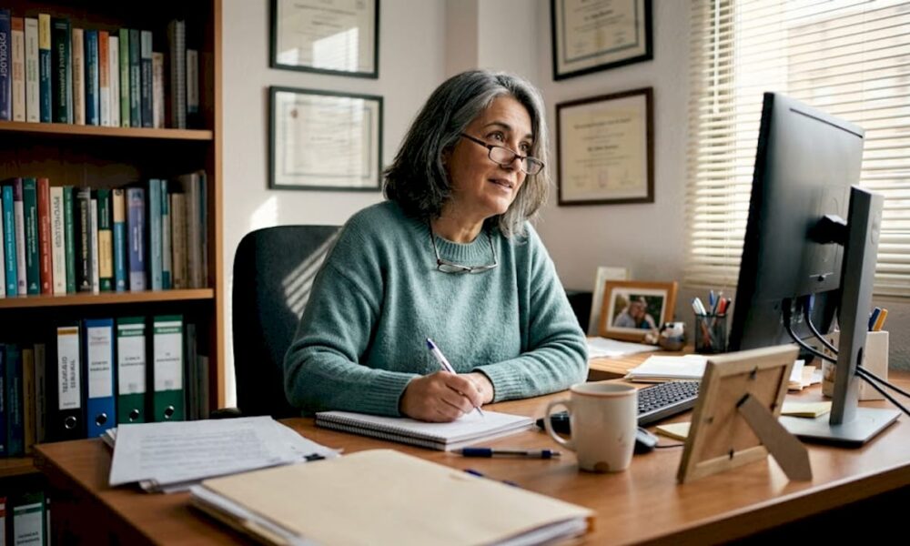 El supervisor toma apuntes mientras observa una sesi&oacute;n en el despacho compartido de terapia.