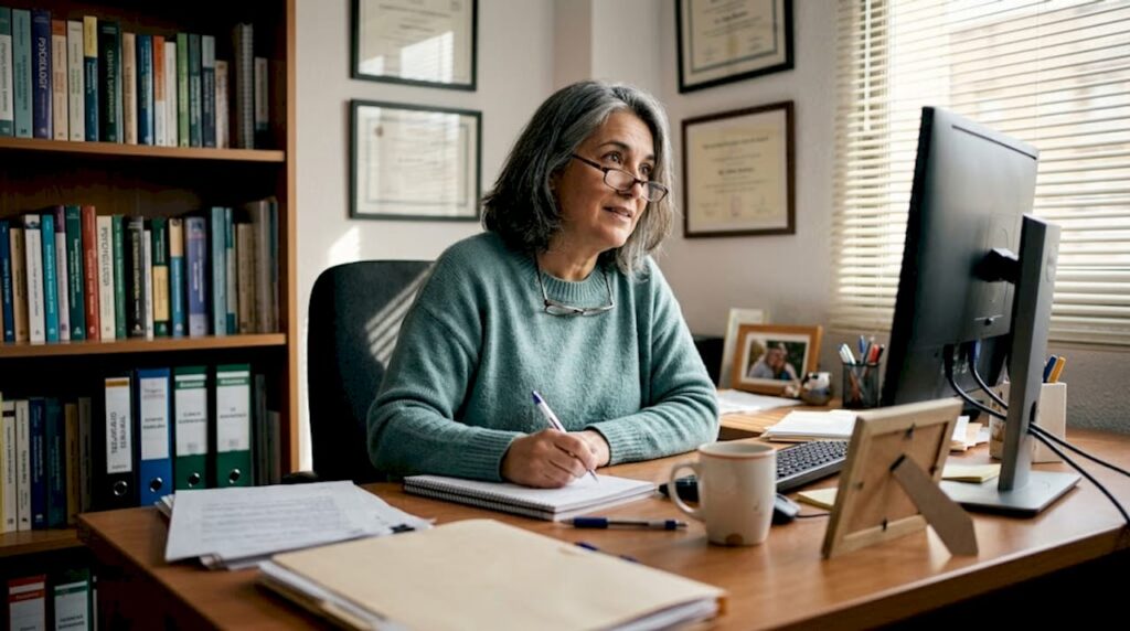 Mujer en oficina de terapia, tomando notas frente a computadora, rodeada de libros y documentos, simbolizando servicios de salud mental en Nueva Jersey.