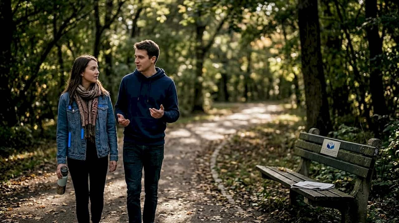 Couple conversing while walking in park