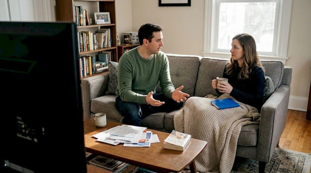 Couple talking calmly on living room couch