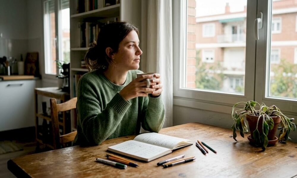 Una mujer se toma un momento en la mesa para pensar en lo que siente.