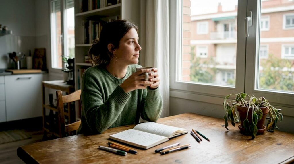 Mujer reflexionando sobre sus emociones en una mesa, sosteniendo una taza, con un cuaderno y lápices, en un entorno acogedor, relacionado con la terapia emocional y técnicas de control de emociones.