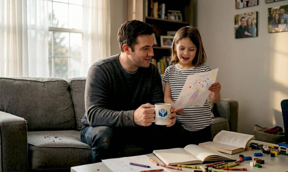 Parent and child sharing drawing on couch