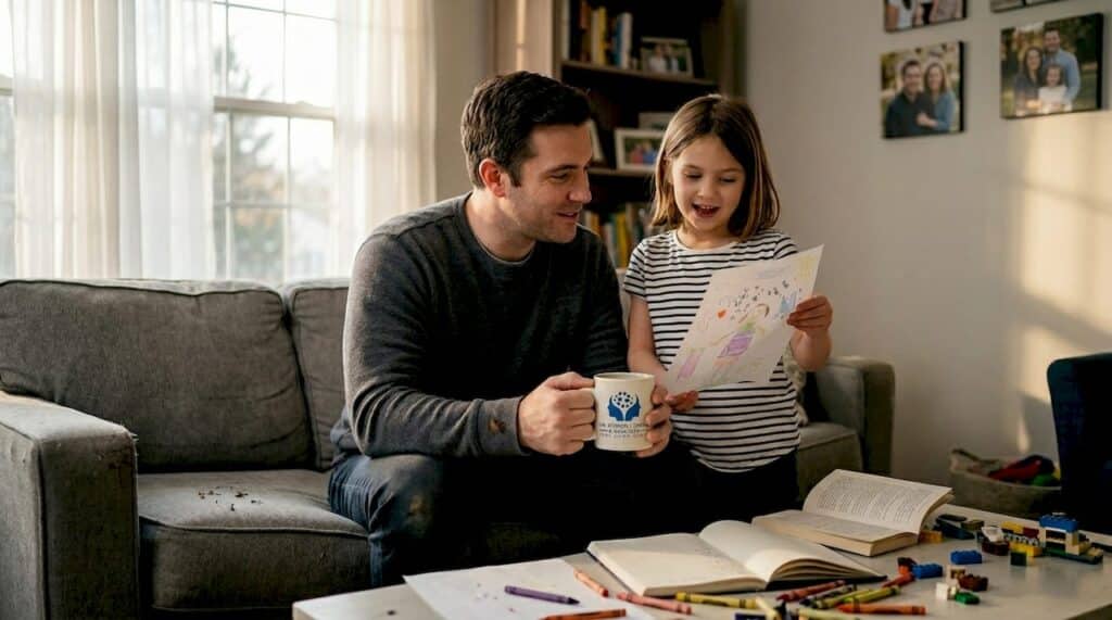 Parent and child sharing drawing on couch
