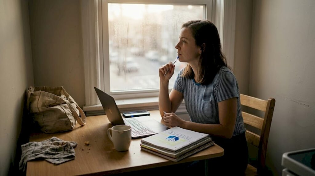 Person reflecting at kitchen table workspace