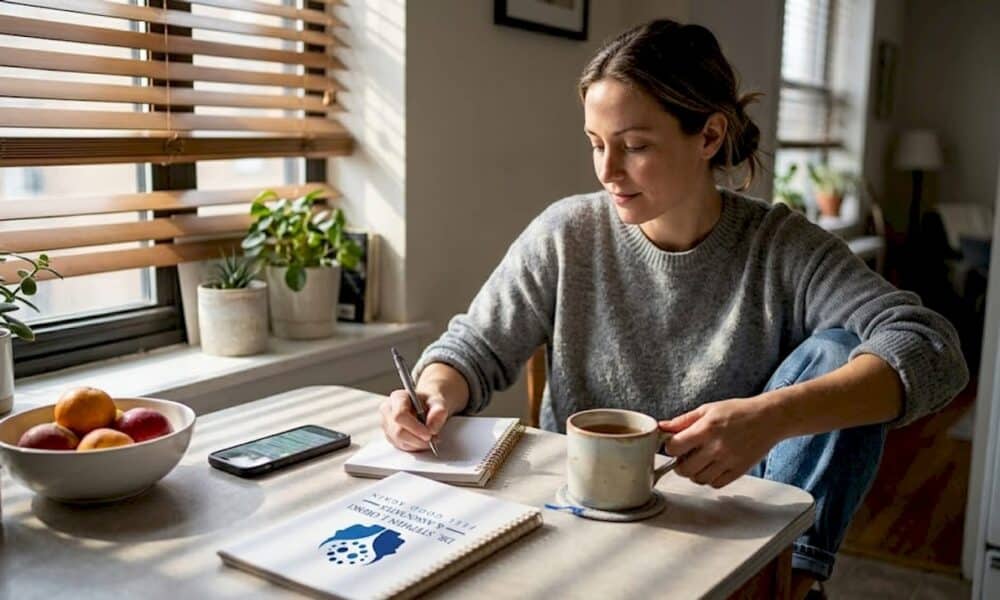Woman journaling at a kitchen table with a cup of coffee, smartphone, and bowl of fruit, illustrating stress management practices and mindfulness strategies.