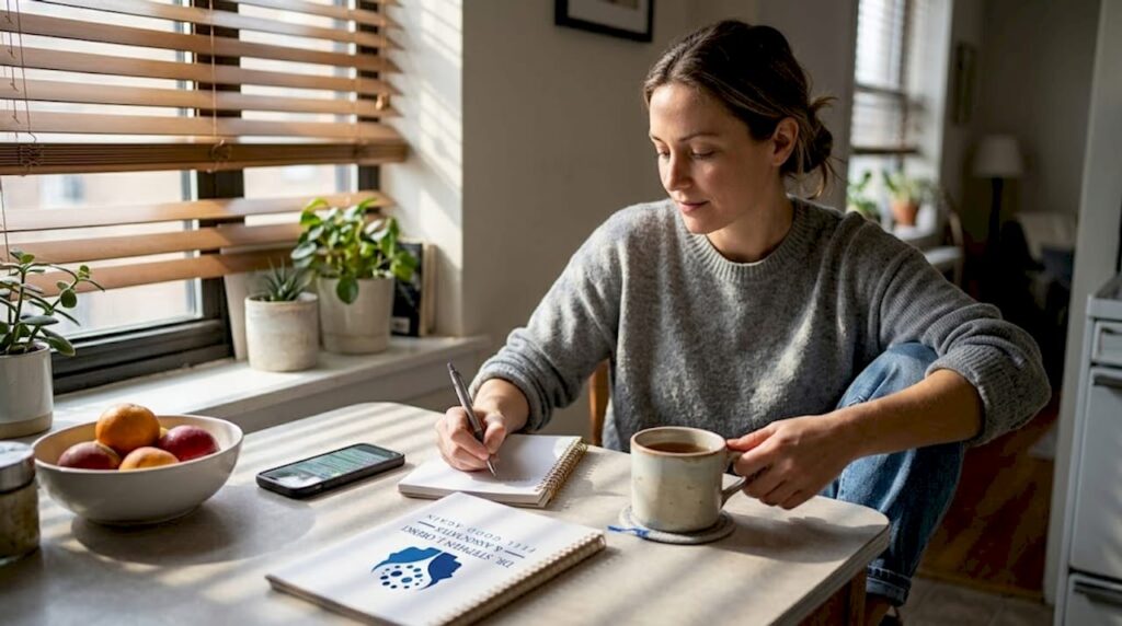 Woman journaling stress management at kitchen table