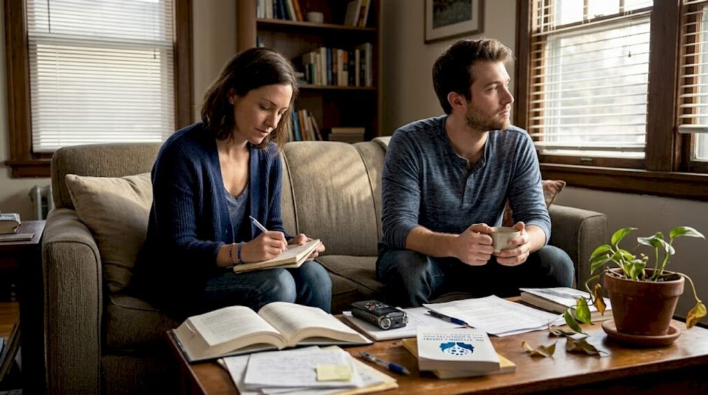 Two adults reflect quietly after conversation