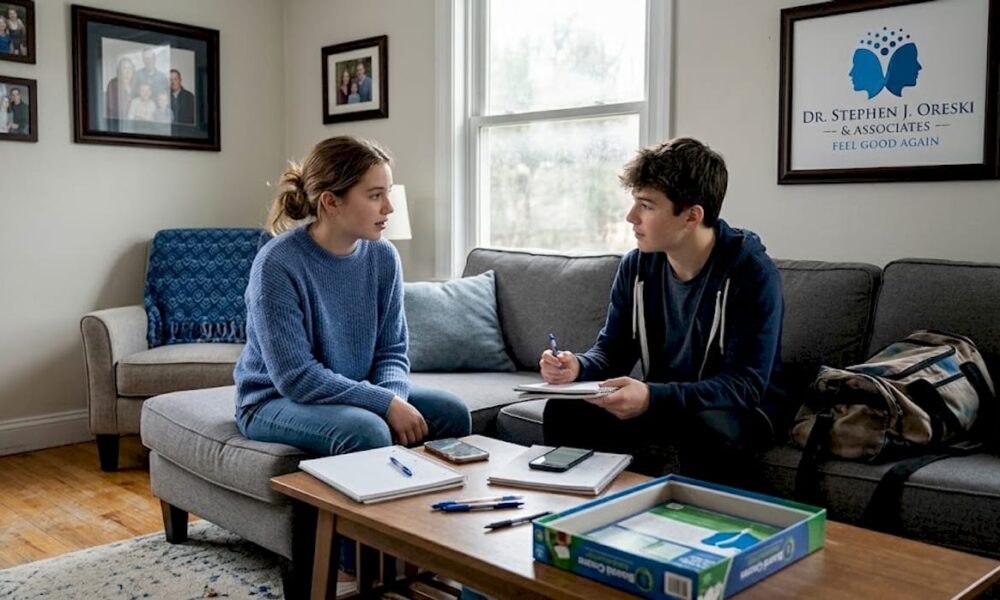 Teens talking in lived-in family living room