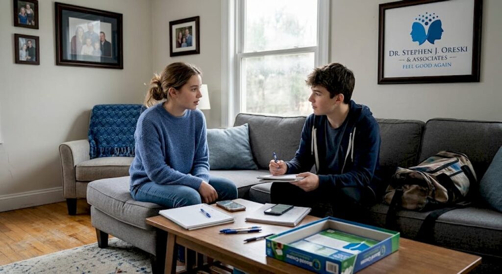Teens talking in lived-in family living room