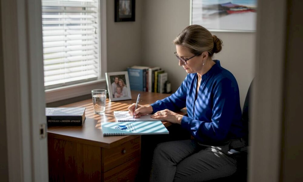 Therapist journaling reflectively at her desk