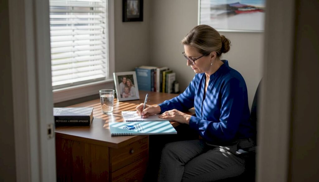 Woman in blue shirt writing notes at desk with therapy resources, emphasizing mental health education and reflective practice.