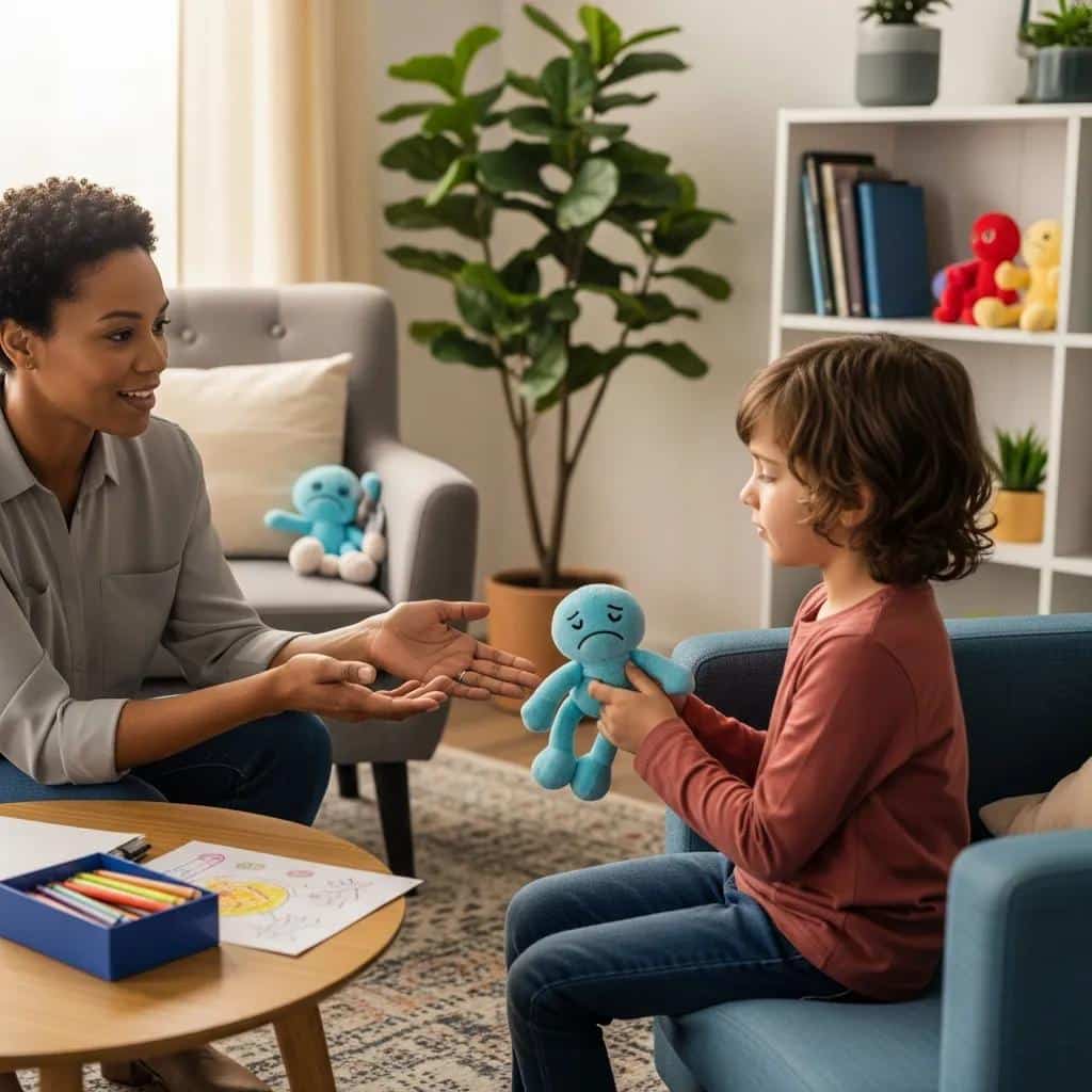 Child in a counseling session learning to express emotions with the help of a therapist