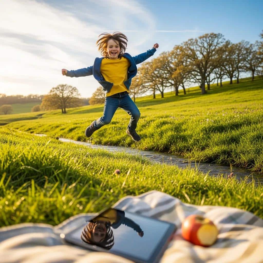Child playing outside, emphasizing balance between screen time and outdoor activities