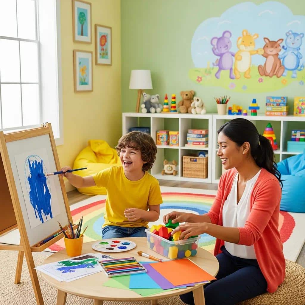 Child therapy session with toys and art supplies for emotional support