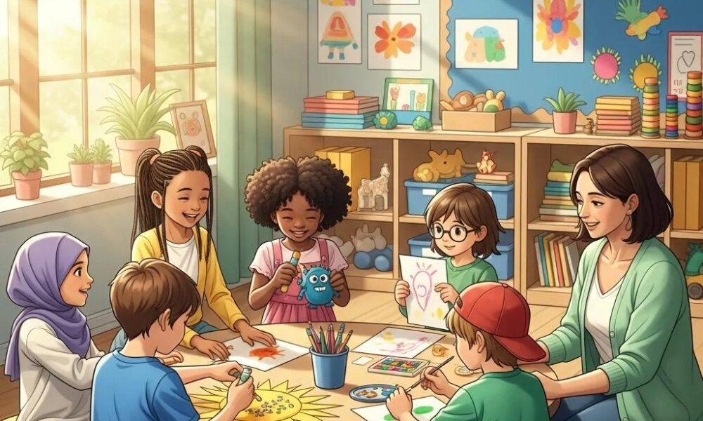 Children playing together in a nurturing environment, promoting positive behavior and emotional development