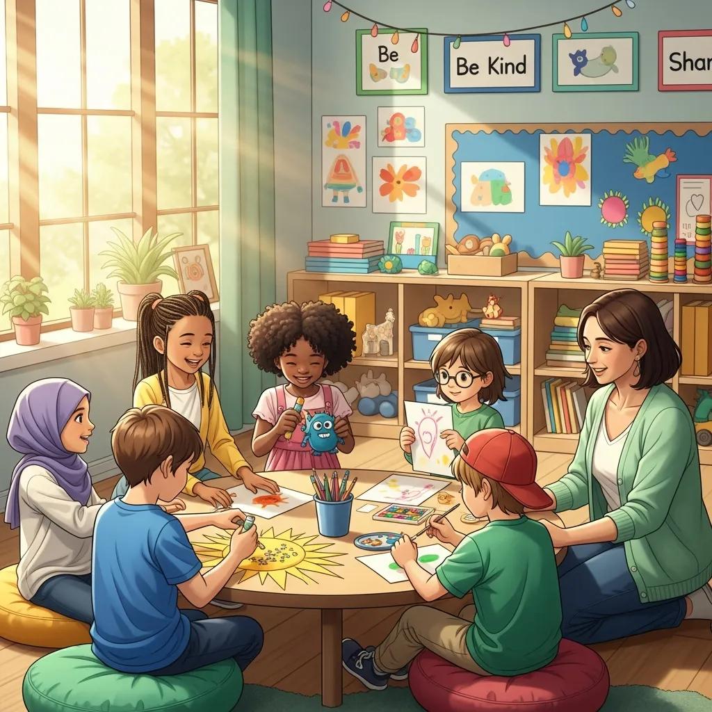 Children playing together in a nurturing environment, promoting positive behavior and emotional development