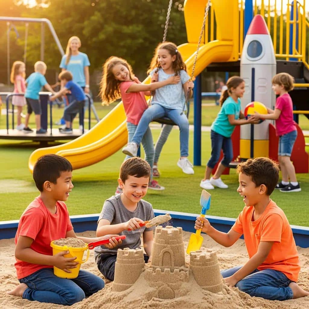 Children playing together in a playground, showcasing healthy peer relationships and social skills