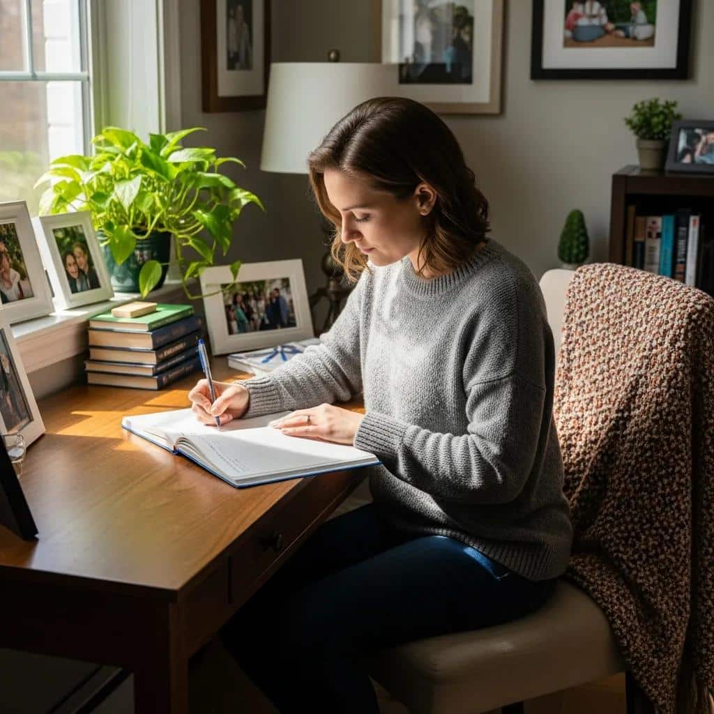 Woman journaling at a desk, practicing Cognitive Behavioral Therapy (CBT) skills to enhance mental health, surrounded by framed photos and books.